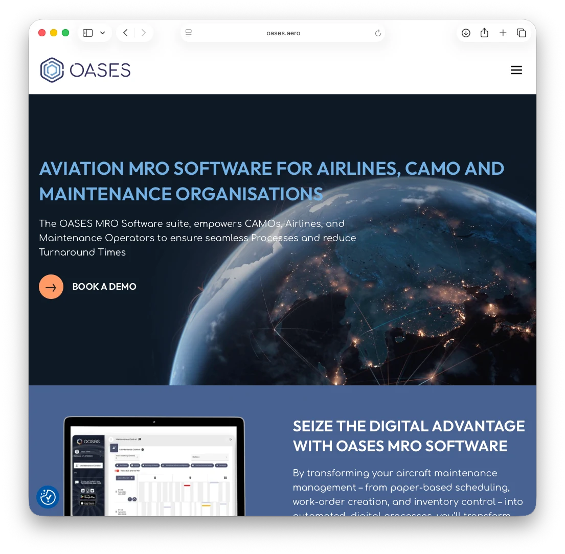 OASES aviation software website, featuring the Earth from orbit