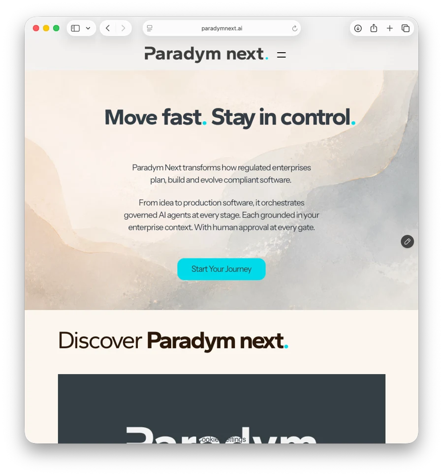 Paradym Next website: Move fast. Stay in control.